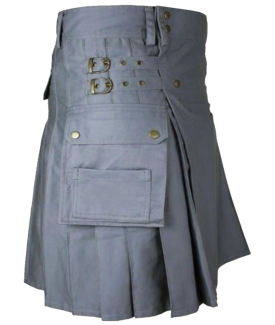 Women Gray Utility Cotton Kilt with Four Cargo Pockets  