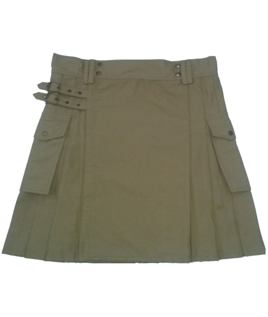Ladies Khaki Cotton Utility Kilt with Pockets  
