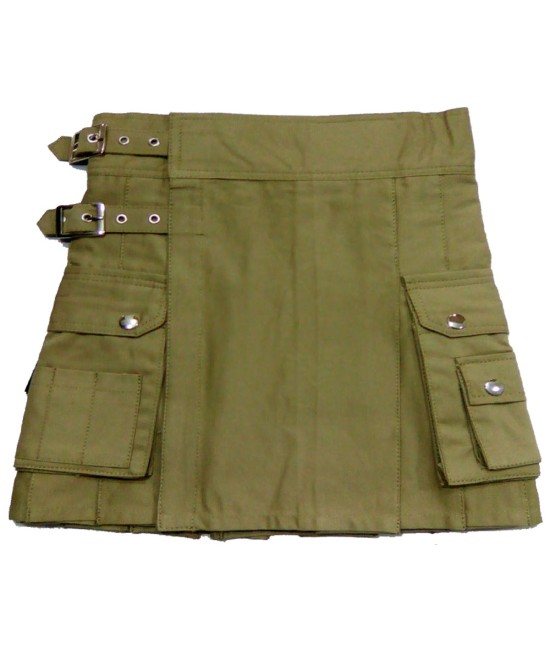 Ladies Olive Green Cotton Utility Kilt with Cargo Pockets  