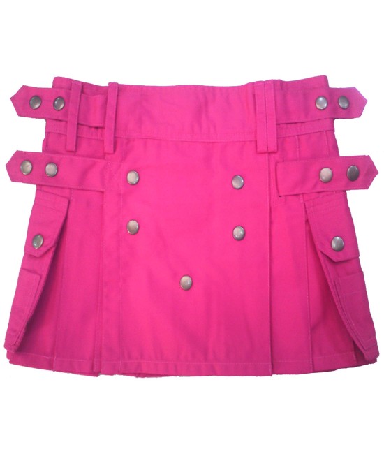 Ladies Pink Cotton Utility Kilt | Kilted Skirt with Four Cargo Pockets and Front Buttons 