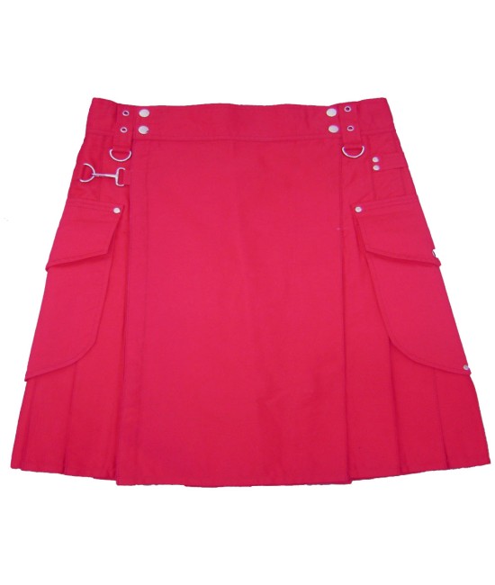 Ladies Red Cotton Deluxe Utility Kilt |Women Kilted Skirt with Cargo Pockets
