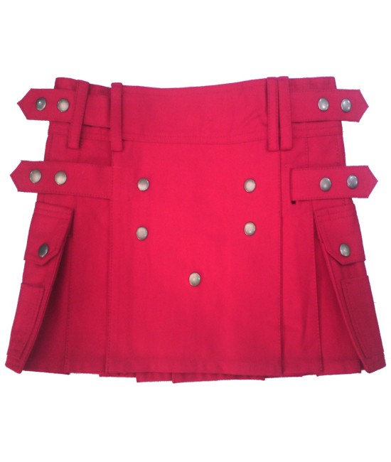 Ladies Red Cotton Utility Kilt | Women Kilted Skirt with Four Cargo Pockets and Front Buttons