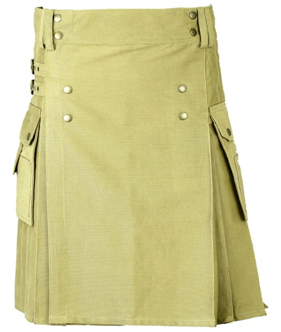 Olive Green Cotton Utility for Women | Women Kilted Skirt with Cargo Pockets and Front Buttons