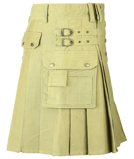 Olive Green Cotton Utility for Women | Women Kilted Skirt with Cargo Pockets and Front Buttons