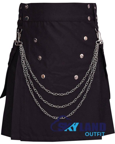 Black Cotton Utility Kilt with Chains Gothic Punk Cotton Utility Kilt