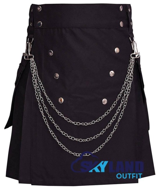 Black Cotton Utility Kilt with Chains Gothic Punk Cotton Utility Kilt Black Cotton Utility Kilt with Chains Gothic Punk Cotton Utility Kilt