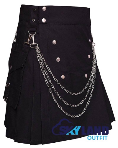 Black Cotton Utility Kilt with Chains Gothic Punk Cotton Utility Kilt
