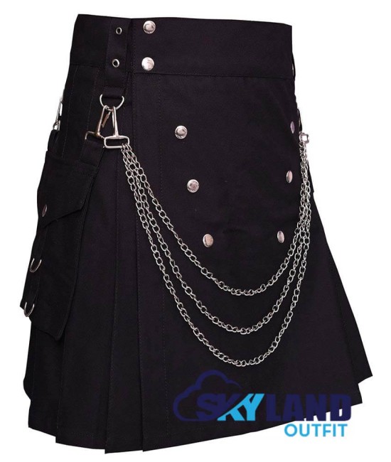 Black Cotton Utility Kilt with Chains Gothic Punk Cotton Utility Kilt Black Cotton Utility Kilt with Chains Gothic Punk Cotton Utility Kilt