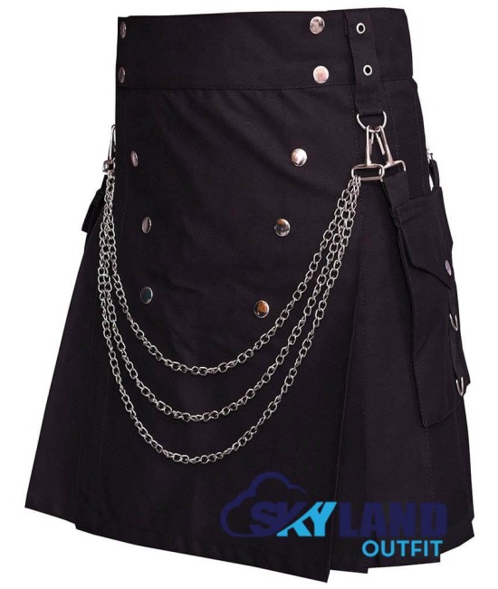 Black Cotton Utility Kilt with Chains Gothic Punk Cotton Utility Kilt Black Cotton Utility Kilt with Chains Gothic Punk Cotton Utility Kilt