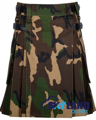 Army Camouflage Utility Cotton Kilt with Leather Straps Army Camouflage Utility Cotton Kilt with Leather Straps