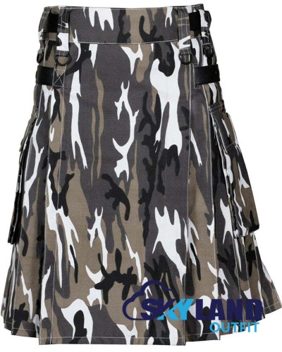 Grey Camouflage Cotton Utility Kilt for Men Leather Straps Kilt Grey Camouflage Cotton Utility Kilt for Men Leather Straps Kilt