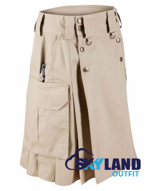 Active Men Tactical Duty Khaki Cotton Kilt with Side Cargo Pockets