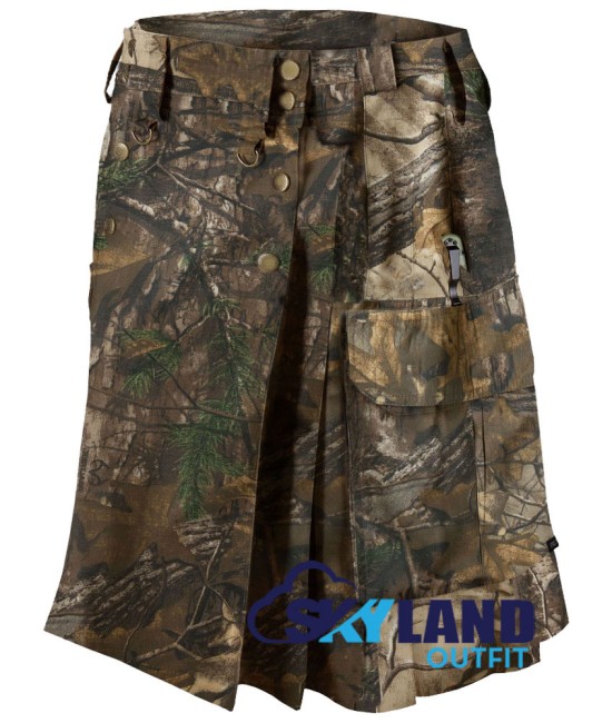 Active Men Tactical Duty Real Tree Camouflage Kilt with Side Cargo Pockets