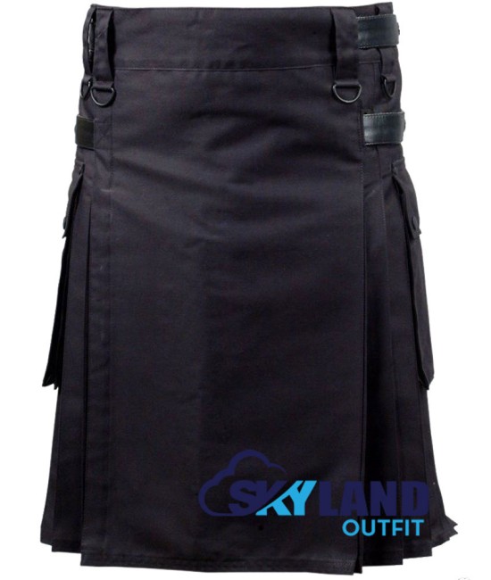 Black Utility Cotton Kilt with adjustable Leather Straps