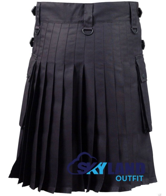 Black Utility Cotton Kilt with adjustable Leather Straps
