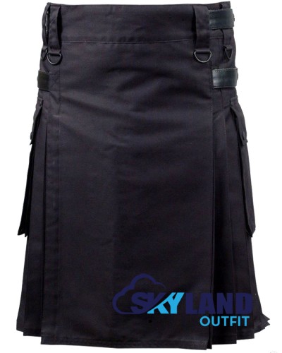 Black Utility Cotton Kilt | Adjustable Leather Straps