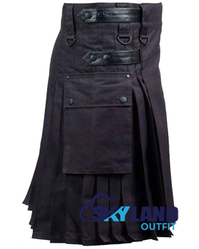 Black Utility Cotton Kilt | Adjustable Leather Straps Black Utility Cotton Kilt | Adjustable Leather Straps