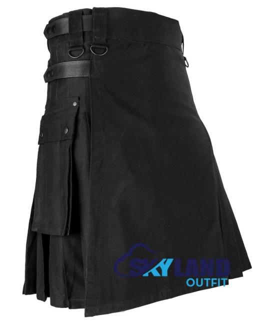 Utility Kilt Black Cotton Kilt with adjustable Leather Straps