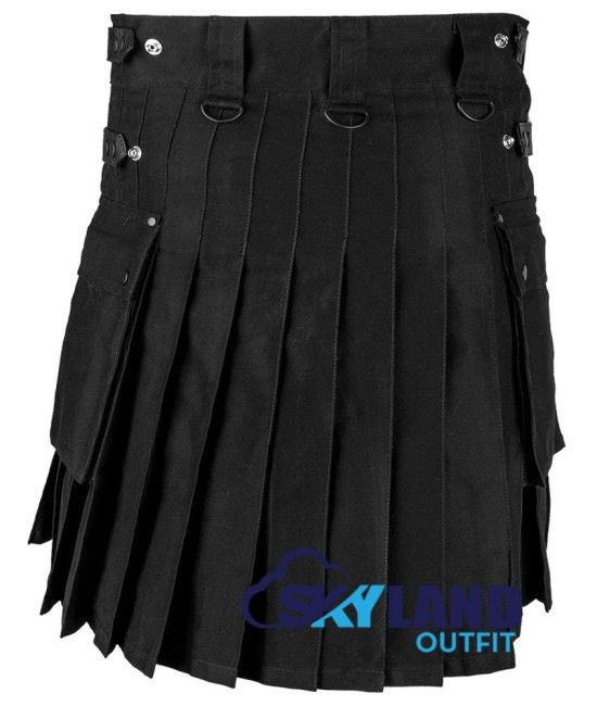 Utility Kilt Black Cotton Kilt with adjustable Leather Straps