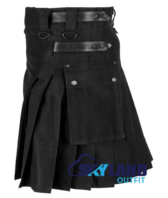 Utility Kilt Black Cotton Kilt with adjustable Leather Straps