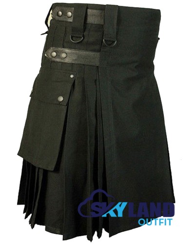Black Cotton Utility Kilt with adjustable Leather Straps Black Cotton Utility Kilt with adjustable Leather Straps