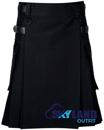 Black Cotton Utility Kilt | Cotton Kilt with Adjustable Leather Straps Black Cotton Utility Kilt | Cotton Kilt with Adjustable Leather Straps