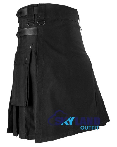 Black Cotton Utility Kilt with Adjustable Leather Straps