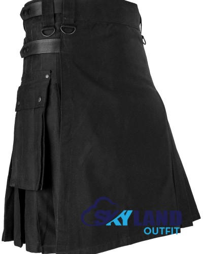 Black Cotton Utility Kilt with Adjustable Leather Straps
