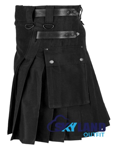 Black Cotton Utility Kilt with Adjustable Leather Straps Black Cotton Utility Kilt with Adjustable Leather Straps