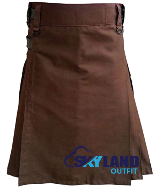Brown Utility Cotton Kilt with adjustable Leather Straps