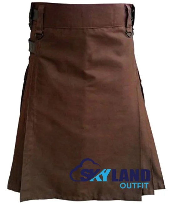 Brown Utility Cotton Kilt with adjustable Leather Straps Brown Utility Cotton Kilt with adjustable Leather Straps