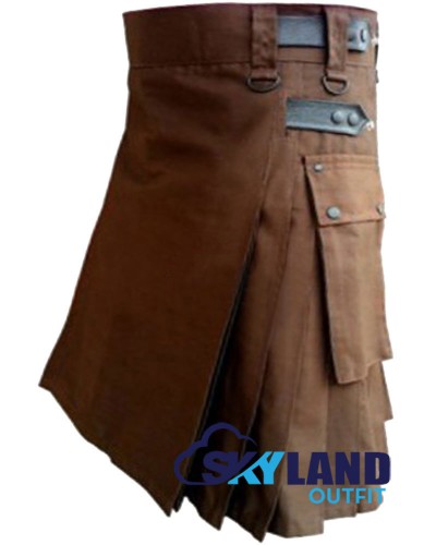 Brown Utility Cotton Kilt | Adjustable Leather Straps Brown Utility Cotton Kilt | Adjustable Leather Straps