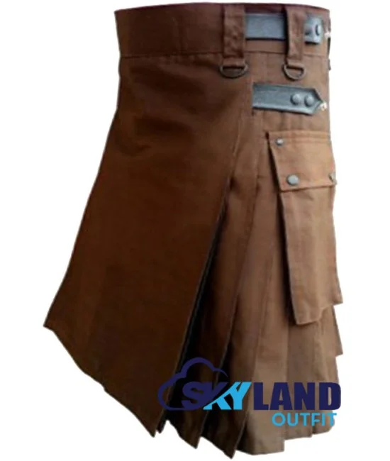 Brown Utility Cotton Kilt with adjustable Leather Straps Brown Utility Cotton Kilt with adjustable Leather Straps