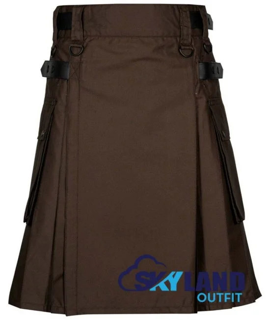 Brown Cotton Utility Kilt with adjustable Leather Straps Brown Cotton Utility Kilt with adjustable Leather Straps