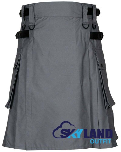 Grey Cotton Utility Kilt | Adjustable Leather Straps | Scottish Kilt