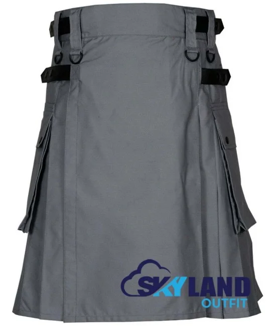 Grey Cotton Utility Kilt Scottish Kilt with adjustable Leather Straps Grey Cotton Utility Kilt Scottish Kilt with adjustable Leather Straps