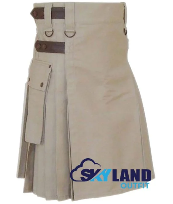 Khaki Utility Cotton Kilt with adjustable Leather Straps Khaki Utility Cotton Kilt with adjustable Leather Straps