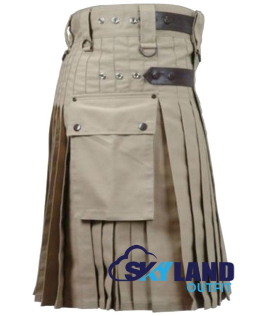 Khaki Utility Cotton Kilt with adjustable Leather Straps