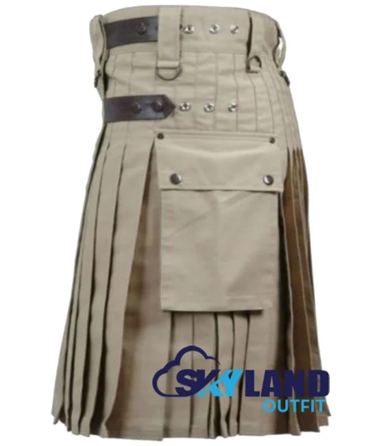 Khaki Utility Cotton Kilt with adjustable Leather Straps Khaki Utility Cotton Kilt with adjustable Leather Straps