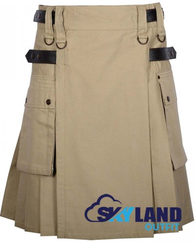 Khaki Cotton Utility Kilt with Adjustable Leather Straps Khaki Cotton Utility Kilt with Adjustable Leather Straps