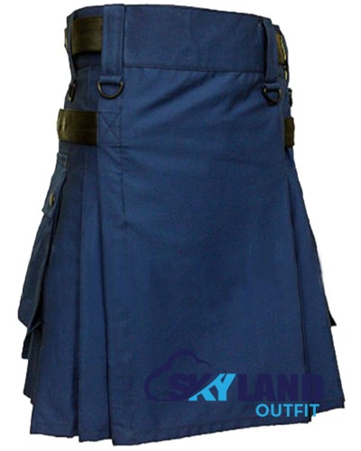 Navy Blue Utility Cotton Kilt with Adjustable Leather Straps