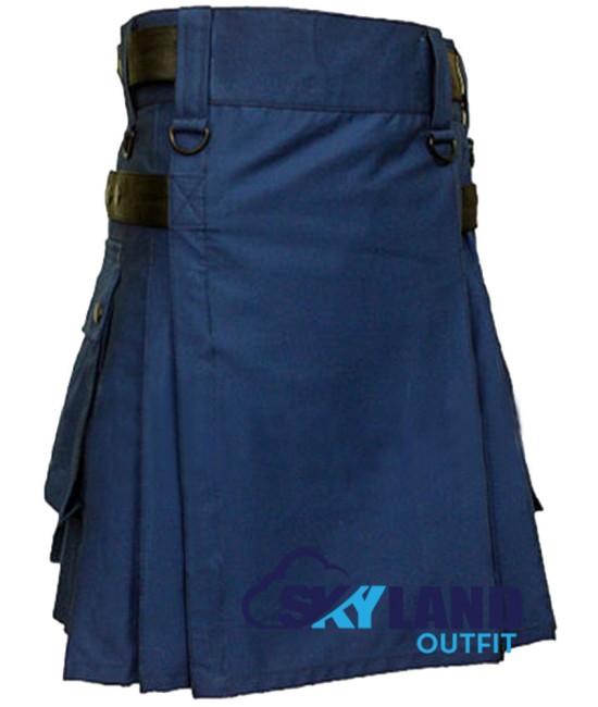 Navy Blue Utility Cotton Kilt with adjustable Leather Straps