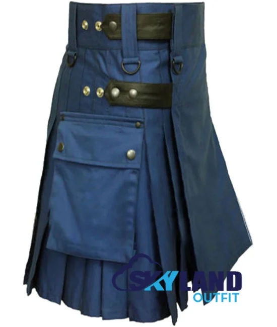 Navy Blue Utility Cotton Kilt with adjustable Leather Straps