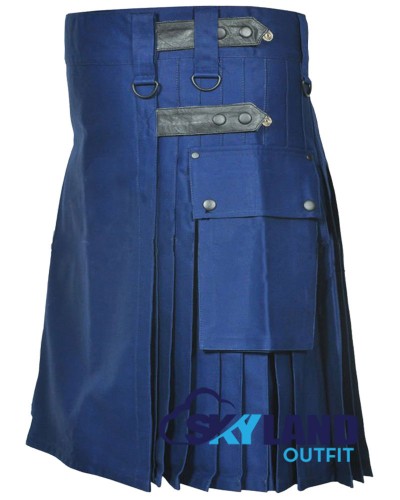 Royal Blue Utility Cotton Kilt with Adjustable Leather Straps