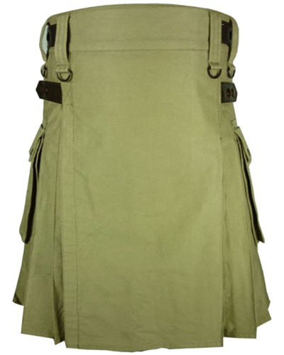 Olive Green Cotton Utility Kilt with Adjustable Leather Straps