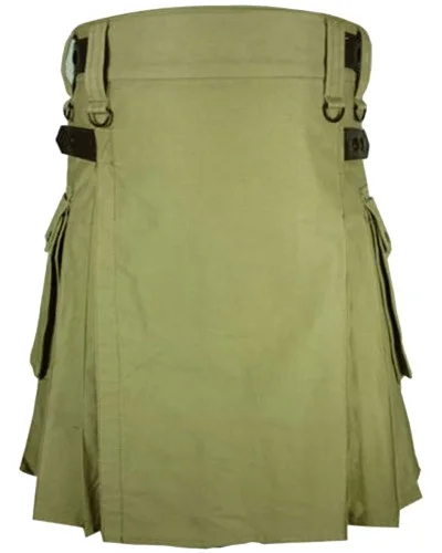 Olive Green Utility Cotton Kilt with adjustable Leather Straps
