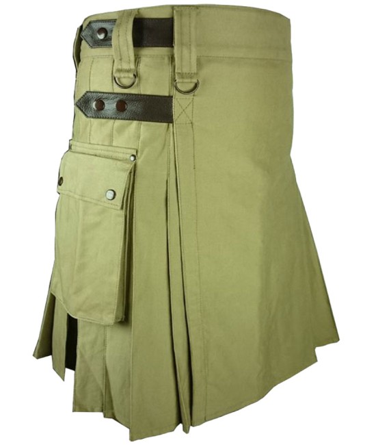 Olive Green Utility Cotton Kilt with adjustable Leather Straps