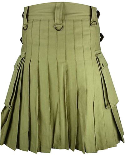 Olive Green Cotton Utility Kilt with Adjustable Leather Straps Olive Green Cotton Utility Kilt with Adjustable Leather Straps