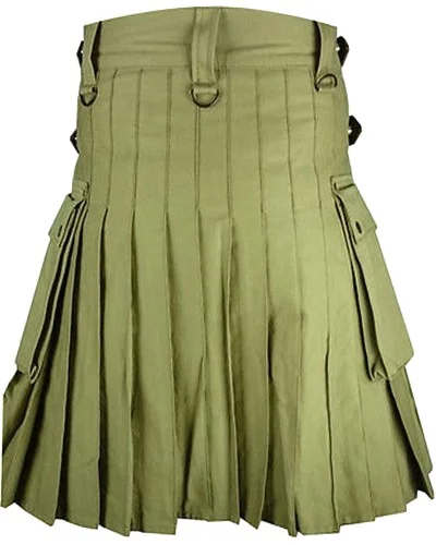 Olive Green Utility Cotton Kilt with adjustable Leather Straps