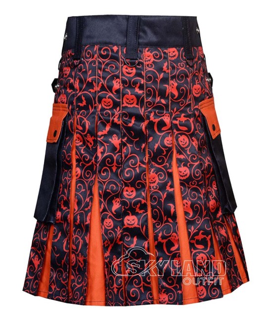 Orange Halloween Kilt | Cotton Sublimation Leather Strap Kilts